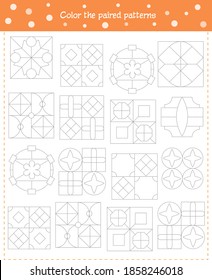 Logic game for children. Find paired patterns and color them. Development of attention, memory, thinking