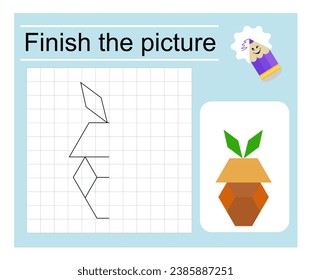 Logic game for children. Finish the picture - cartoon acorn. Coloring page. Vector illustration.
