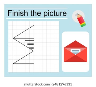 Logic game for children. Finish the picture - red envelope. Coloring page. Vector illustration.