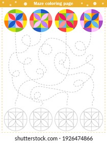 Logic game for children. Go through the maze and color the figure according to the pattern