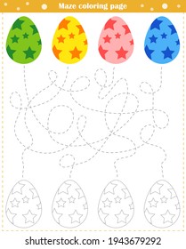 Logic game for children. Go through the maze and paint the eggs according to the pattern