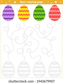 Logic game for children. Go through the maze and paint the eggs according to the pattern