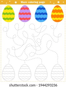Logic game for children. Go through the maze and paint the eggs according to the pattern