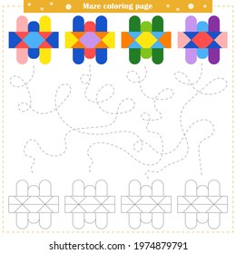 Logic game for children. Go through the maze and color the figure according to the pattern