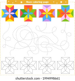 Juego lógico para niños. Pasar por el laberinto y colorear la figura según el patrón
