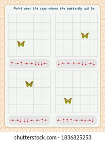 Juego lógico para niños. Mira las flechas y pintura en la jaula donde estará la mariposa