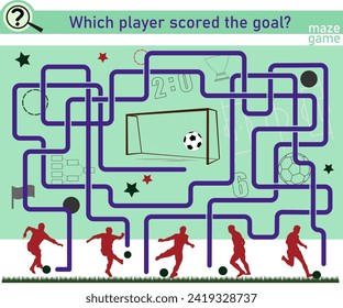 Logic game for children. Maze with soccer players and odjects. Vector illustration.