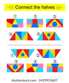 Logic game for children. Need to find the halves of shapes. Printable page for brainteaser book. 