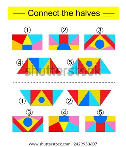 Logic game for children. Need to find the halves of shapes. Printable page for brainteaser book. 