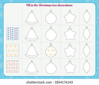 Juego lógico para niños. Pintar sobre decoraciones navideñas con patrones.
