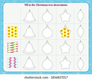 Logic game for children. Paint over Christmas decorations with patterns.