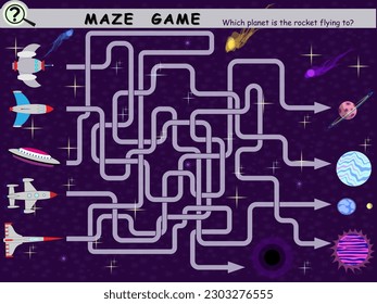 Logic game for children with planets and rockets maze. Vector illustration.