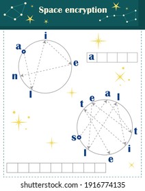Logic game for children. Space encryption. Unravel and read the word.