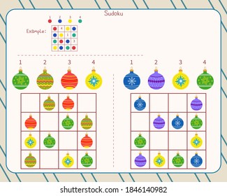 Logic game for children. Sudoku. Christmas decorations. Fill in the blank cells using the sample. Development of attention, thinking