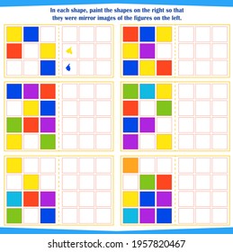 Logic game for children. Tutorial: In each shape, color the shapes on the right in a mirror image of the shapes on the left