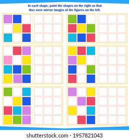  Logic game for children. Tutorial: In each shape, color the shapes on the right in a mirror image of the shapes on the left