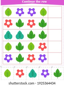 Logic game for children. We continue the row of leaves and flowers. Worksheet