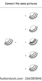 Jogo de lógica. Conecte as mesmas fotos do shell. Ilustração vetorial em preto e branco para livro de coloração das crianças, planilha, impressão.