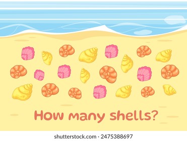 Logic game for education of kids. Count how many objects are on the picture. Shells, beach and sea
