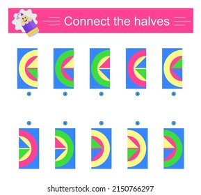 Juego lógico. Material educativo para niños. Hay que encontrar las mitades de las formas geométricas. Ilustración vectorial. 