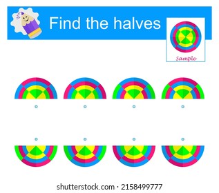 Logic game. Educational material for kids. Need to fınd the halves of geometric shapes. Vector illustration. 