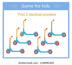 Logic game. Find two identical scooters. Visual intelligence. Vector illustration.