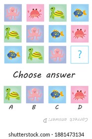 Logic game for kids, activity to children, task for the development of logical thinking and mind, cute cartoon marine animals