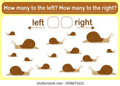 A logic game for kids called Left or right. Spatial orientation with snails. Training sheet. Count how many snails are turned left and how many are turned right.	