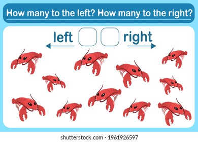 A logic game for kids called Left or right. Spatial orientation with lobsters. Training sheet. Count how many lobsters are turned left and how many are turned right.