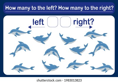 A logic game for kids called Left or right. Spatial orientation with dolphins. Training sheet. Count how many dolphins are turned left and how many are turned right.