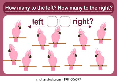 A logic game for kids called Left or right. Spatial orientation with parrots. Training sheet. Count how many parrots are turned left and how many are turned right.