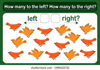 A logic game for kids called Left or right. Spatial orientation with birds. Training sheet. Count how many birds are turned left and how many are turned left.