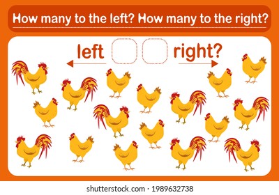 A logic game for kids called Left or right. Spatial orientation with chickens. Training sheet. Count how many chickens are turned left and how many are turned left.