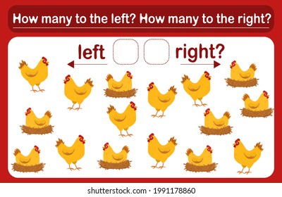 A logic game for kids called "Left or Right". Spatial orientation with chickens. Training sheet. Count how many chickens are turned left and how many are turned left.