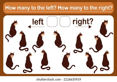 A logic game for kids called Left or right. Spatial orientation with cats. Training sheet. Count how many cats are turned left and how many are turned right.