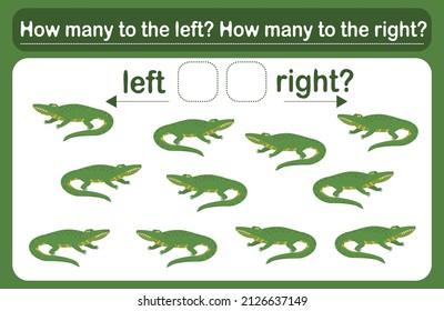 A logic game for kids called Left or right. Spatial orientation with crocodiles. Training sheet. Count how many crocodiles are turned left and how many are turned right.