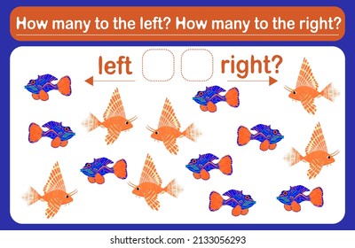 A logic game for kids called "Left or Right". Spatial orientation. The training sheet. Count how many fishes are turned left and how many are turned left.