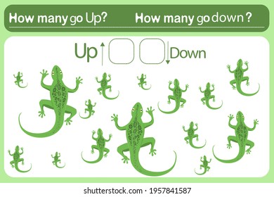 A logic game for kids called "Up or Down". Spatial orientation with lizards. Training sheet. Count how many lizards are crawling down and how many are crawling up.