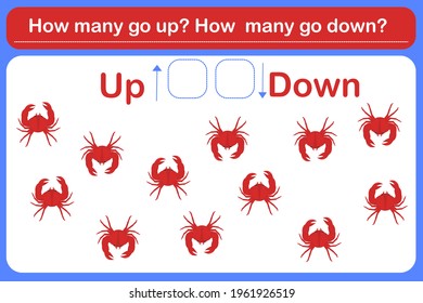 A logic game for kids called "Up or Down". Spatial orientation with crabs. Training sheet. Count how many crabs are crawling down and how many are crawling up.