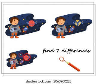 A logic game for kids find the differences, an astronaut in space. vector isolated on a white background.