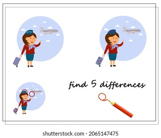 A logic game for kids find the differences, a flight attendant and an airplane. vector isolated on a white background.