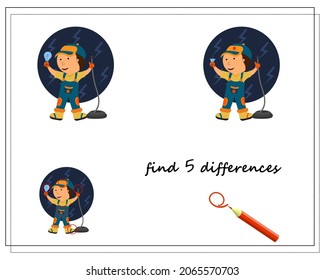A logic game for kids find the differences, cartoon electrician. vector isolated on a white background.