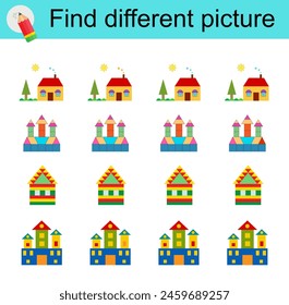 Logic game for kids. Find different picture. Vector illustration of the house, castle. 