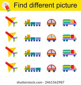 Logic game for kids. Find different picture. Vector illustration of the truck, car, rocket, train.