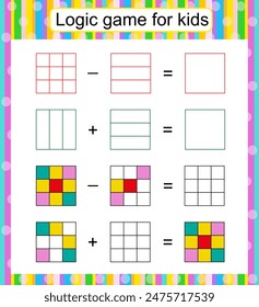 Logic game for kids. Find and draw the missing parts. Children activity page. Worksheet. Vector illustration