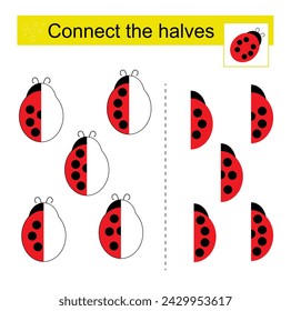Logic game for kids. Find the halves of ladybugs. Printable page for brainteaser book. 