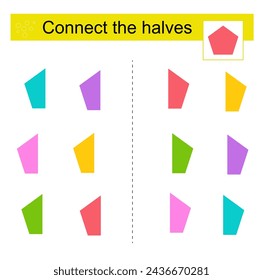Logic game for kids. Find the halves of shapes. Printable page for brainteaser book. Vector illustration. 