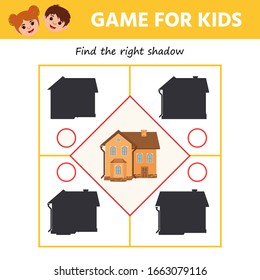 Logic  Game for kids. Find the right shadow at home. Game Printable Worksheet. Vector illustration