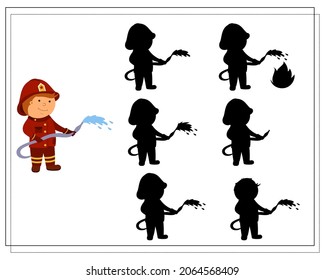 A logic game for kids find the right shadow, a firefighter extinguishes a fire. vector isolated on a white background.