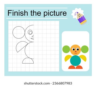Logic game for kids. Finish the picture. Coloring page. Vector illustration.